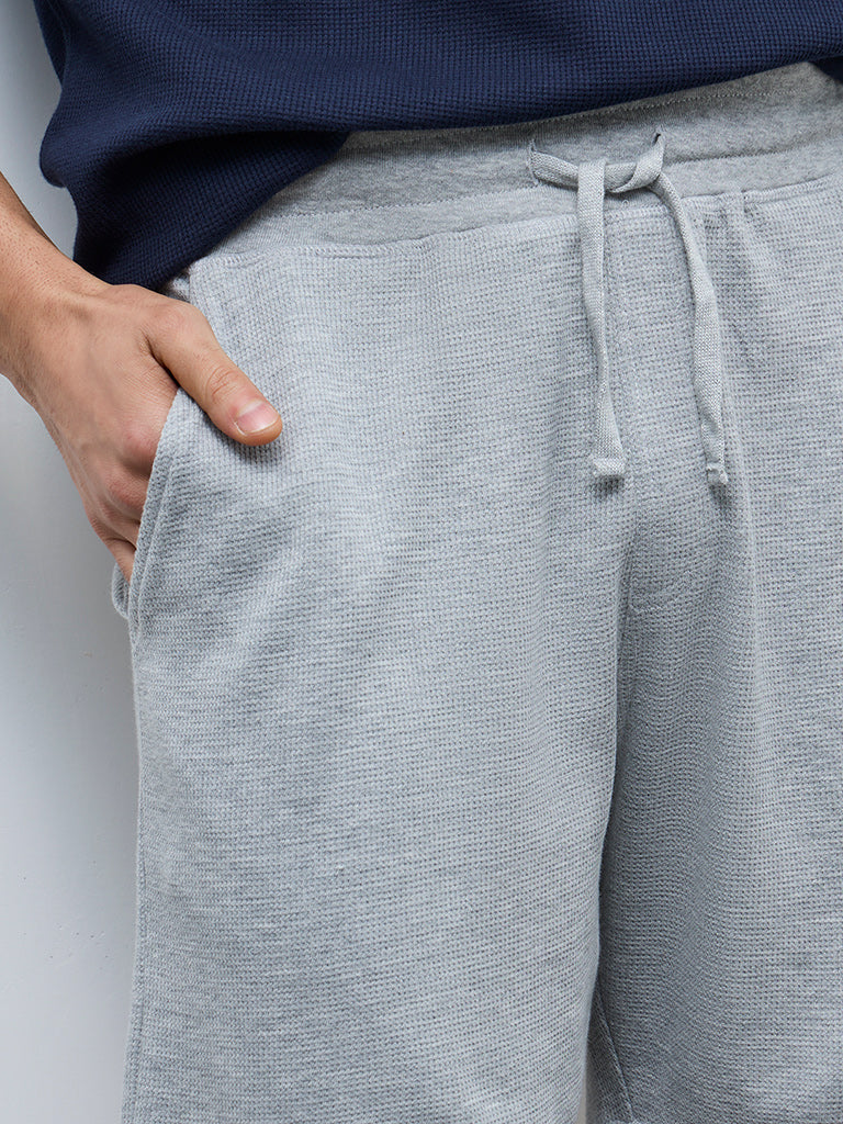 WES Lounge Grey Waffle-Textured Regular-Fit Mid-Rise Cotton-Blend Shorts