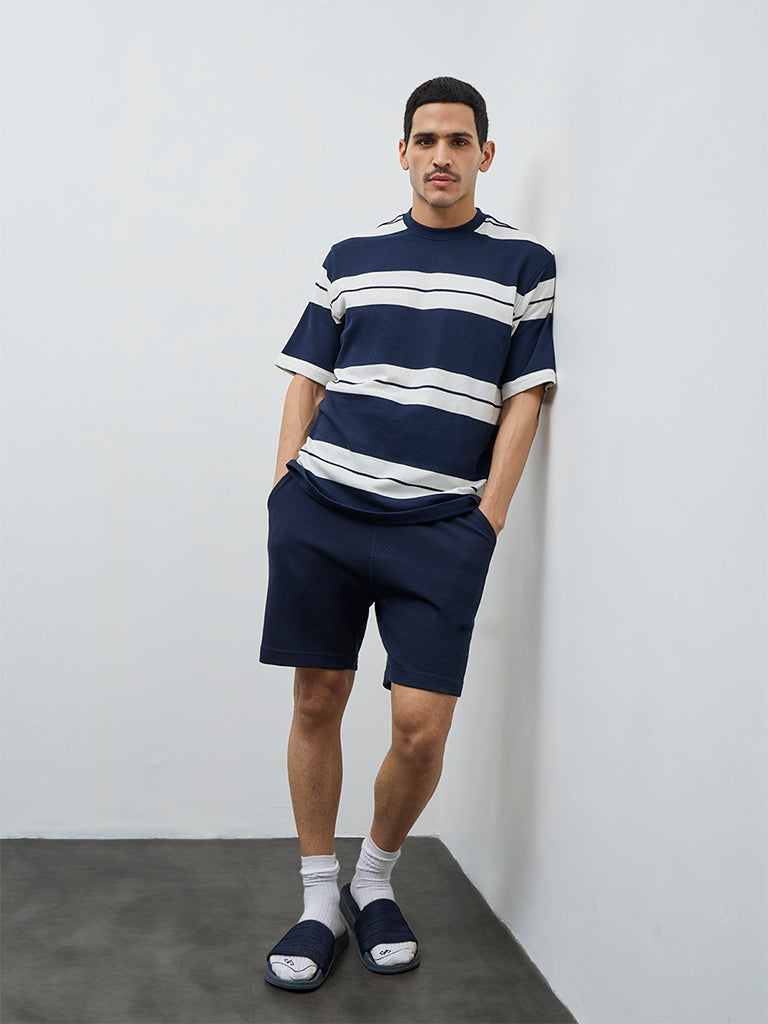 WES Lounge Navy Waffle-Textured Relaxed-Fit Mid-Rise Cotton-Blend Shorts