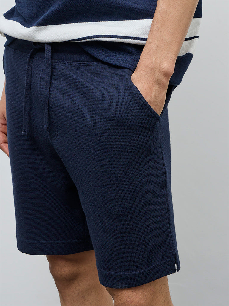 WES Lounge Navy Waffle-Textured Relaxed-Fit Mid-Rise Cotton-Blend Shorts