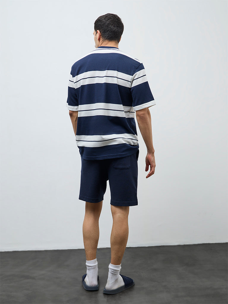WES Lounge Navy Waffle-Textured Relaxed-Fit Mid-Rise Cotton-Blend Shorts