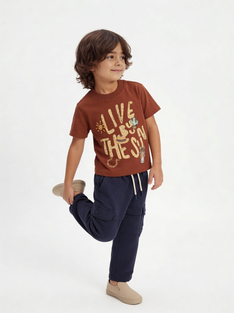 HOP Kids Boys Rust Text Pattern Cotton T-Shirt