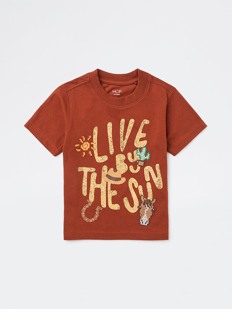 HOP Kids Boys Rust Text Pattern Cotton T-Shirt