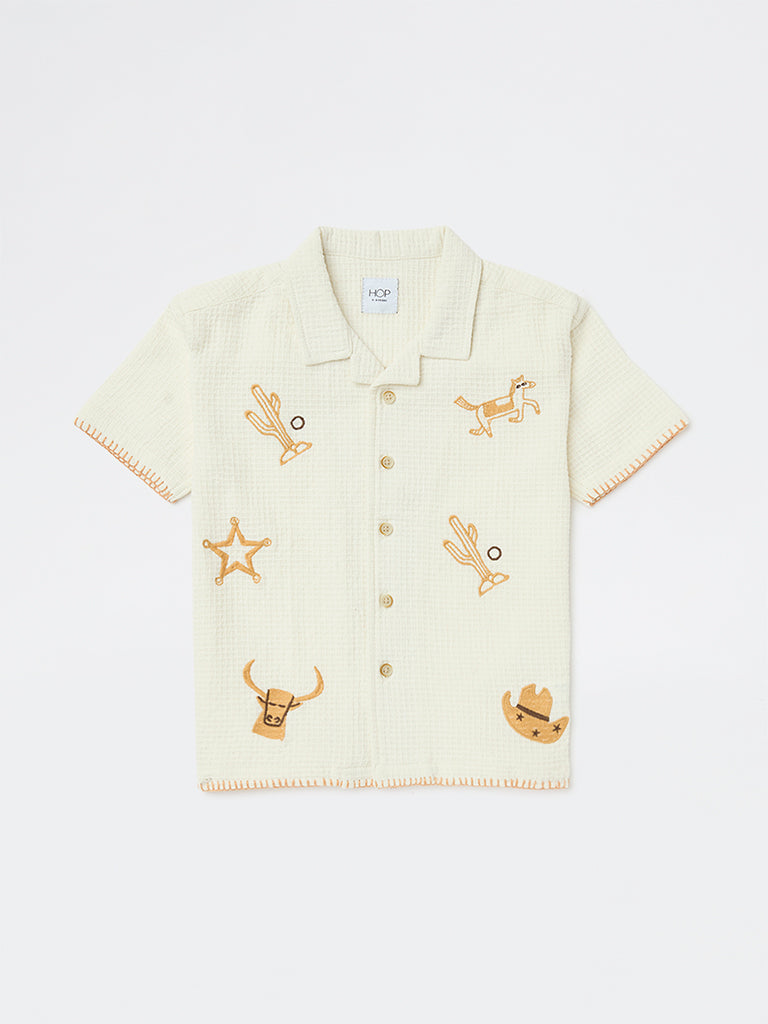 HOP Kids Boys Off-White Embroidered Cotton Shirt