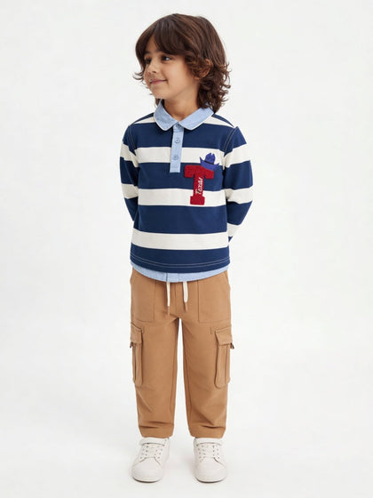 HOP Kids Boys Navy Striped Cotton Polo T-Shirt