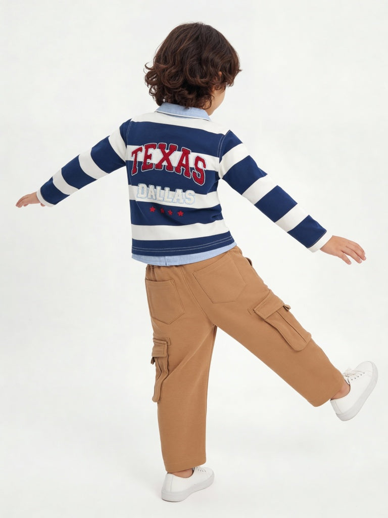HOP Kids Boys Navy Striped Cotton Polo T-Shirt