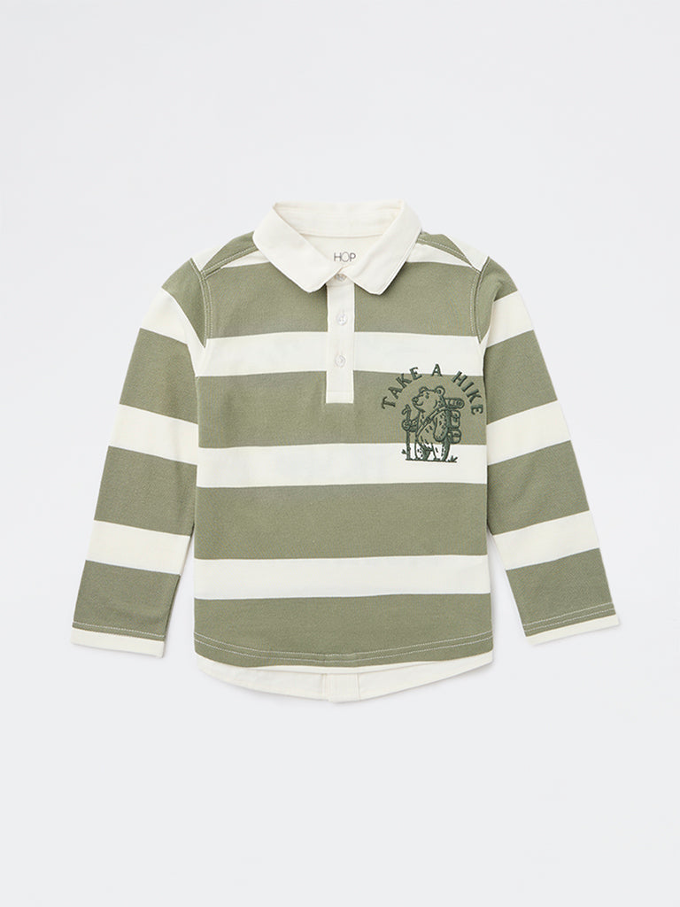 HOP Kids Boys Sage Striped Cotton Polo T-Shirt