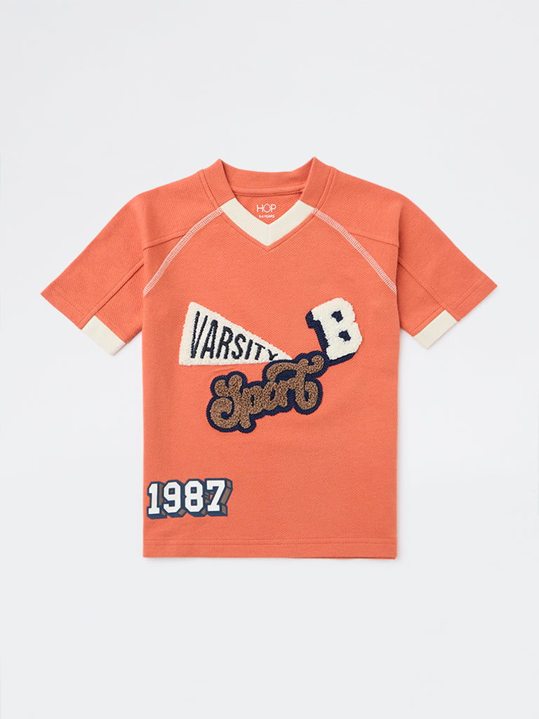 HOP Kids Boys Dusty Orange Embroidered Cotton T-Shirt