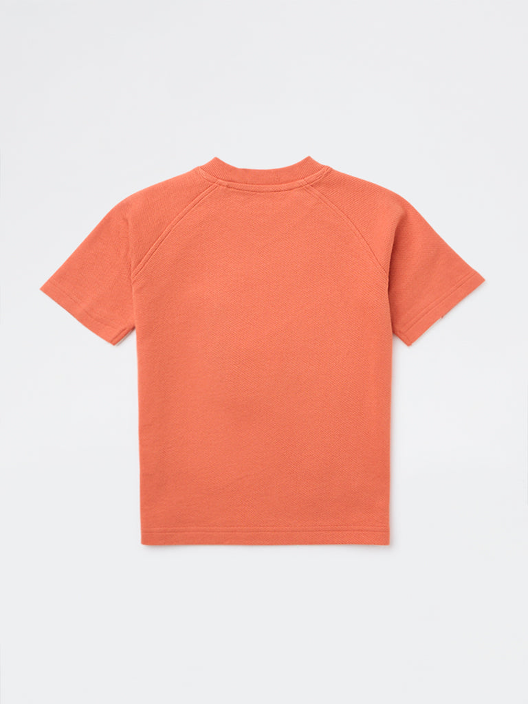 HOP Kids Boys Dusty Orange Embroidered Cotton T-Shirt
