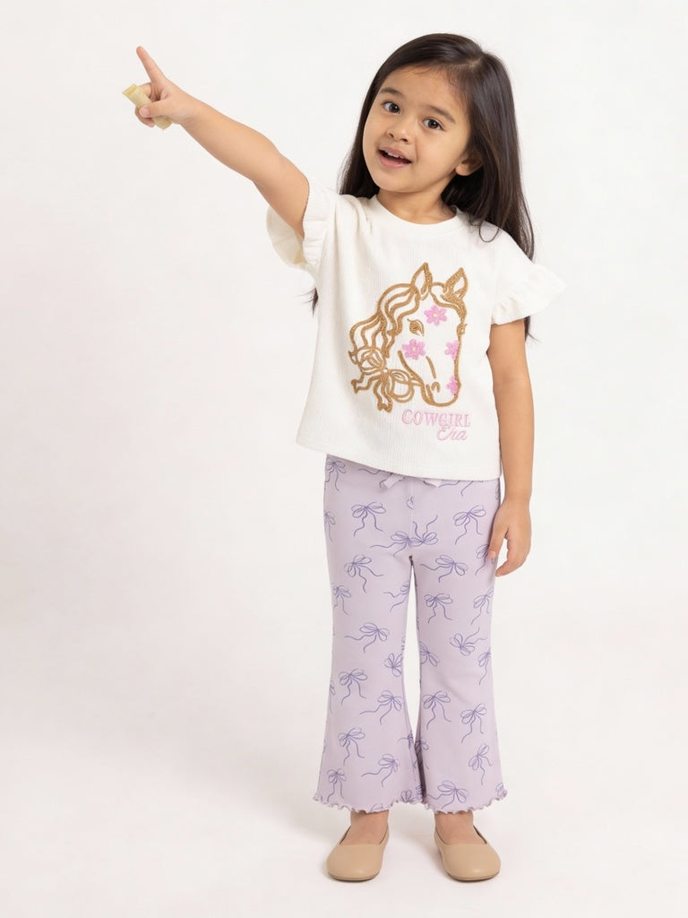 HOP Kids Girls Lilac Printed High-Rise Cotton-Blend Flare Leggings