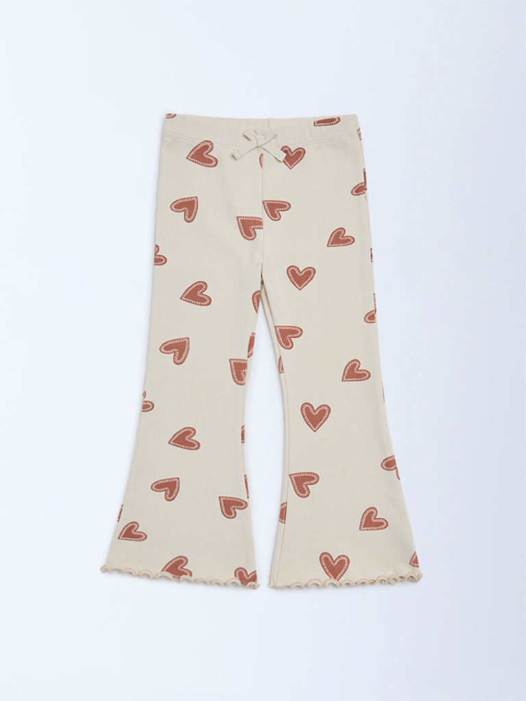 HOP Kids Girls Beige Printed High-Rise Cotton-Blend Flare Leggings