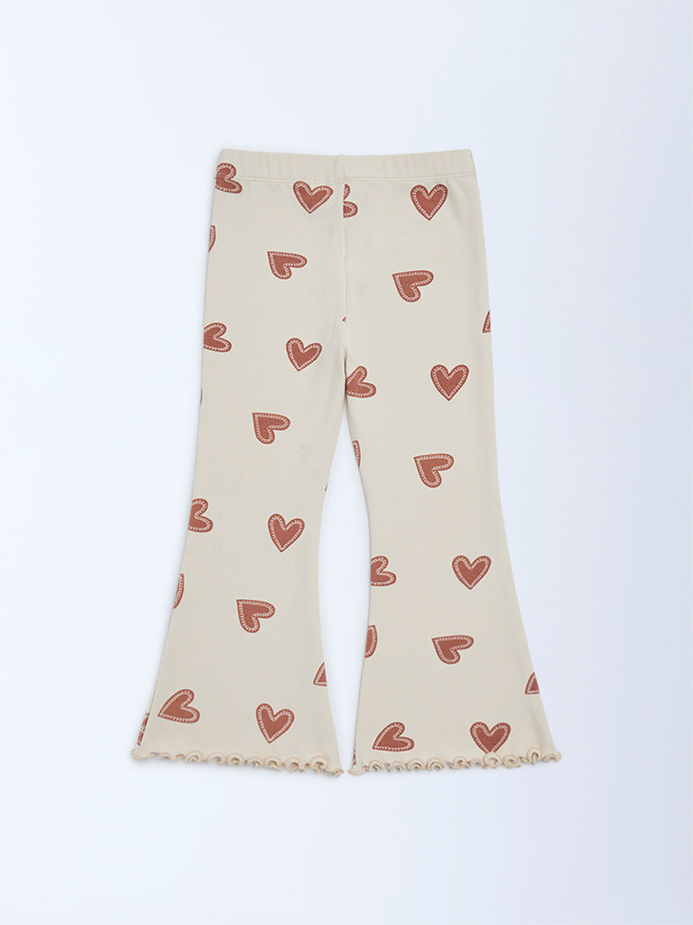 HOP Kids Girls Beige Printed High-Rise Cotton-Blend Flare Leggings