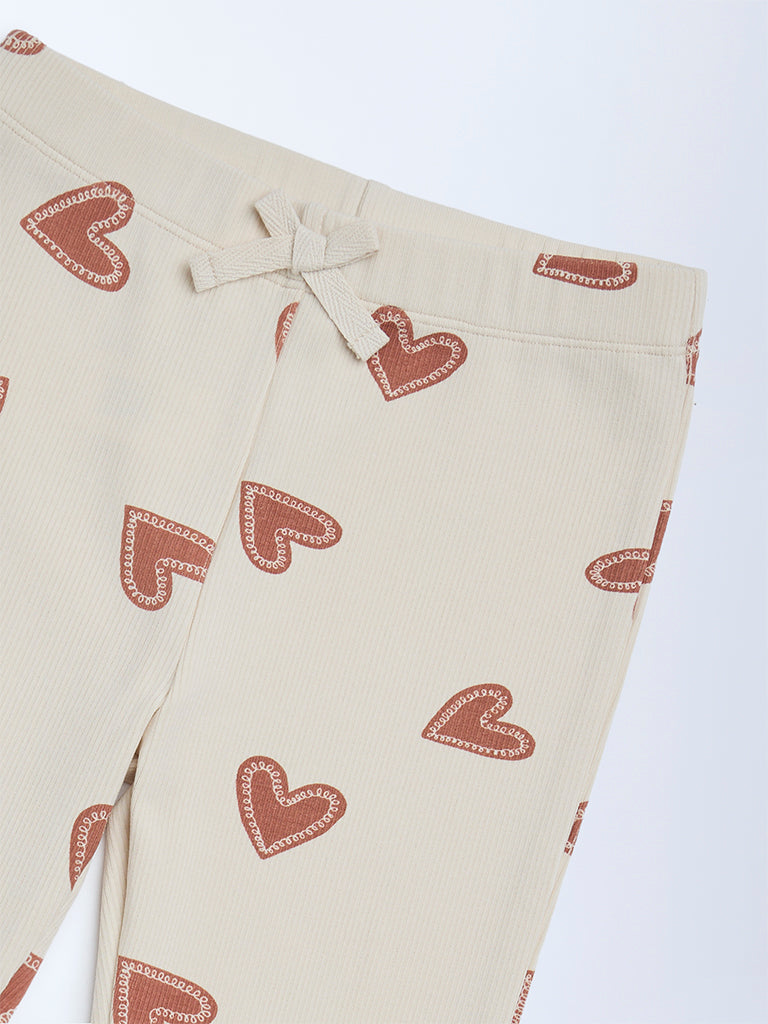 HOP Kids Girls Beige Printed High-Rise Cotton-Blend Flare Leggings