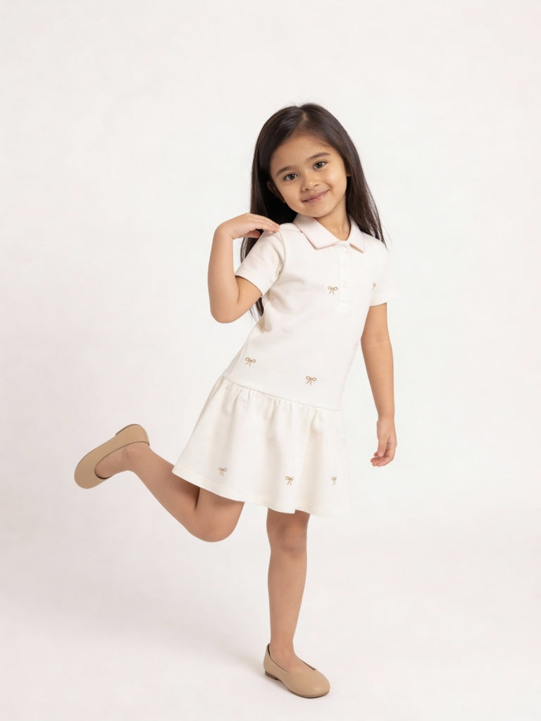 HOP Kids Girls Off-White Bow Detailed Cotton Shirt Dress