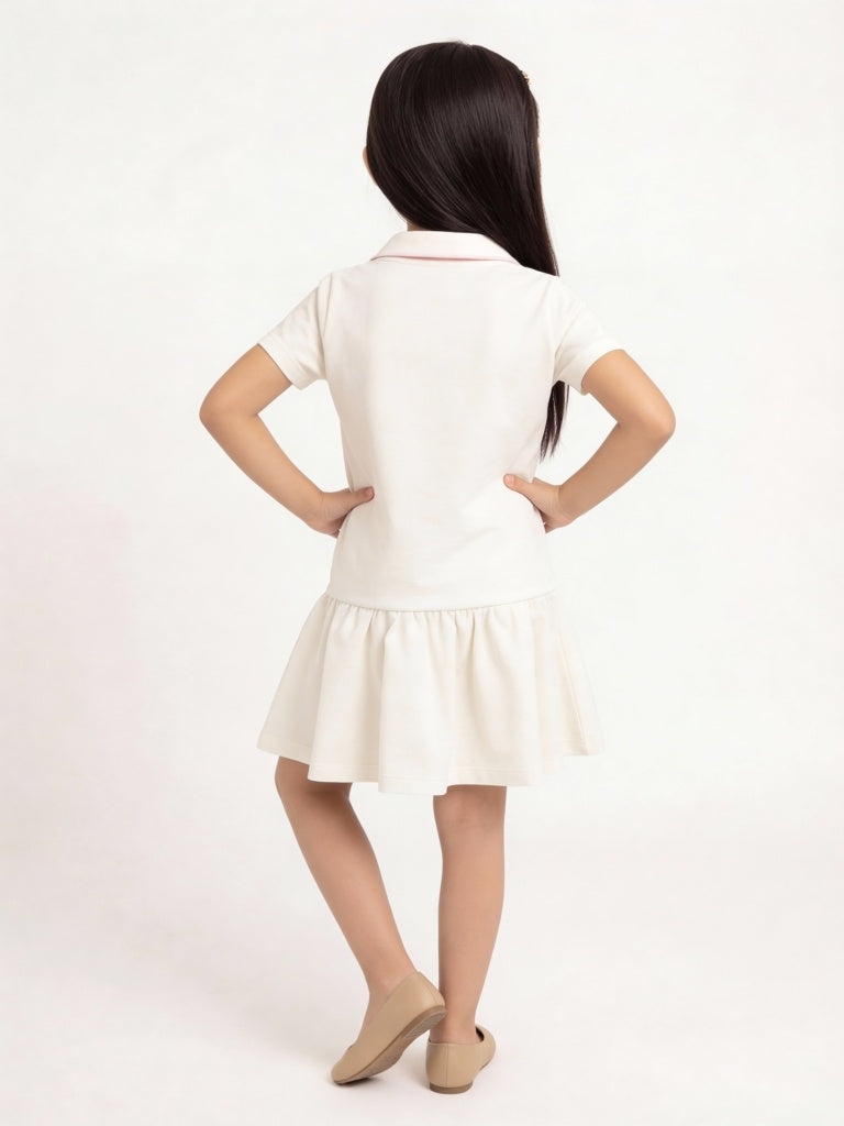HOP Kids Girls Off-White Bow Detailed Cotton Shirt Dress