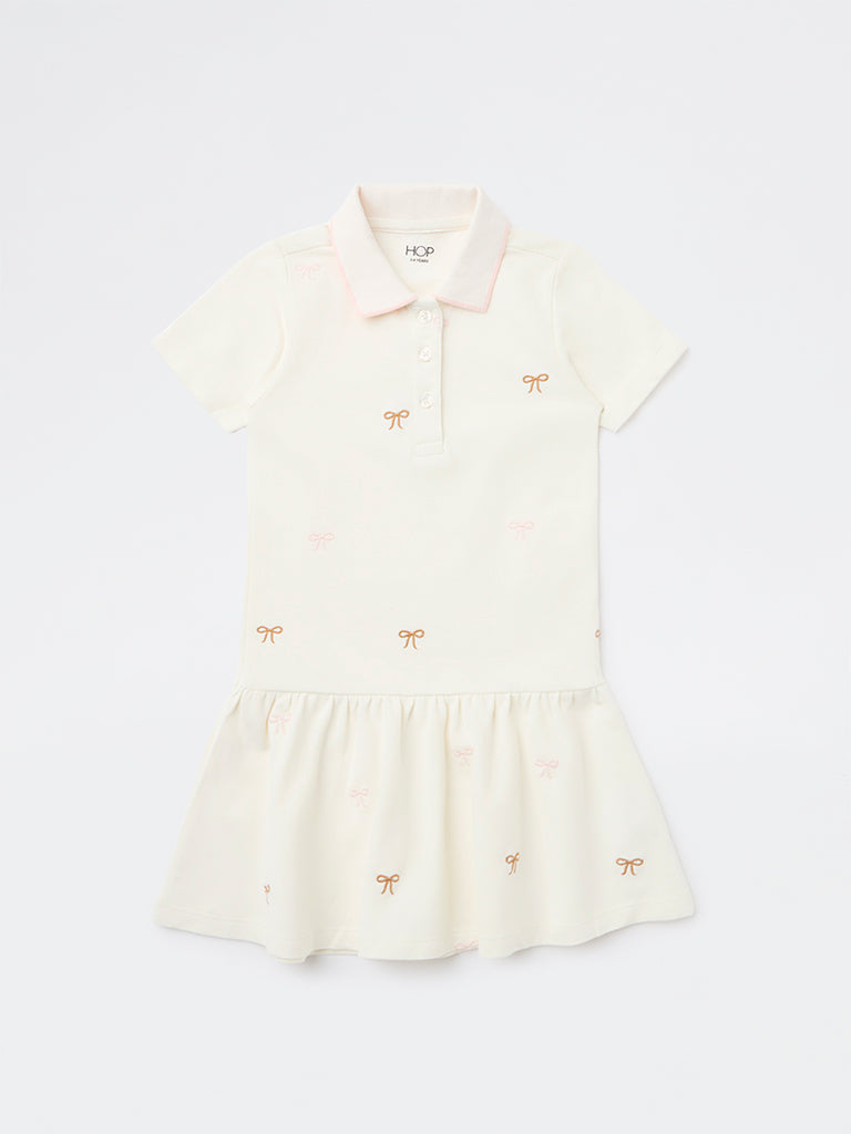 HOP Kids Girls Off-White Bow Detailed Cotton Shirt Dress