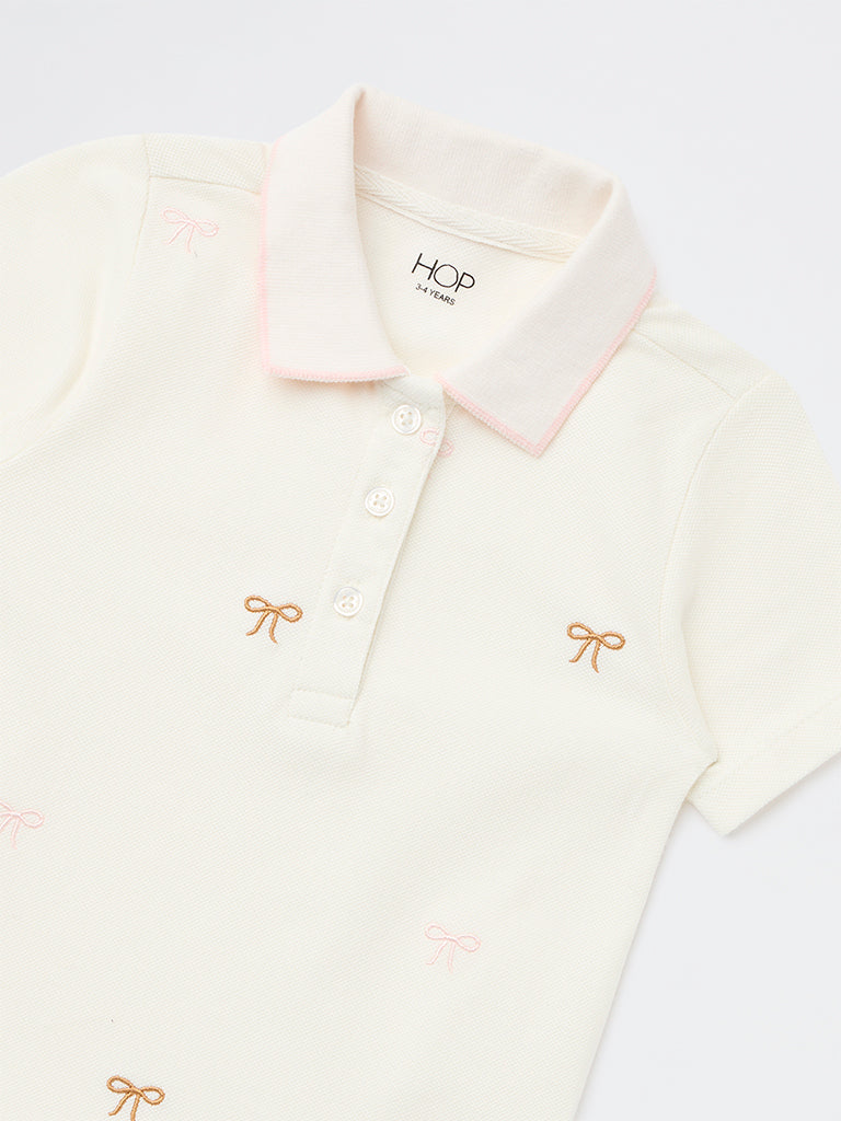 HOP Kids Girls Off-White Bow Detailed Cotton Shirt Dress
