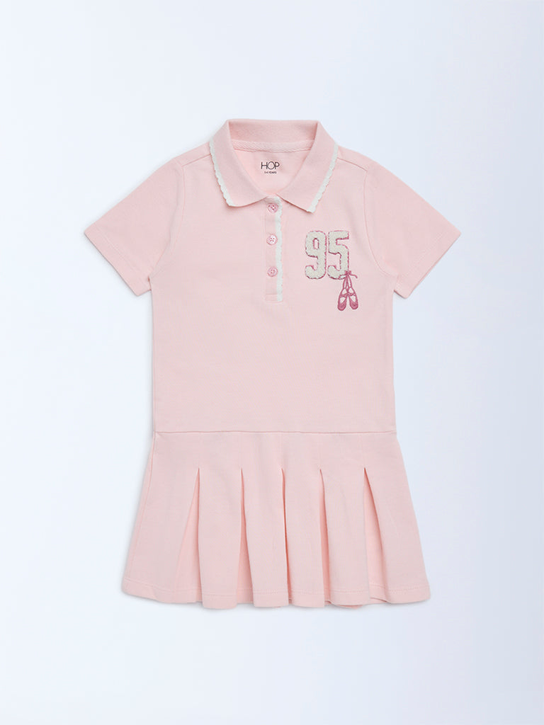 HOP Kids Girls Pink Embroidered Cotton Polo Dress