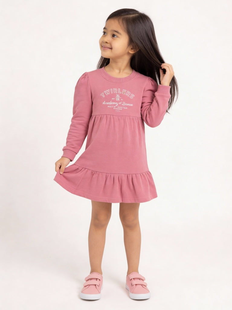 HOP Kids Girls Dusty Rose Text Design Cotton Tiered Dress