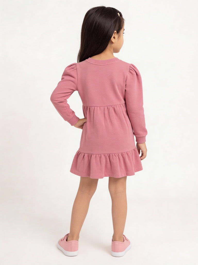 HOP Kids Girls Dusty Rose Text Design Cotton Tiered Dress