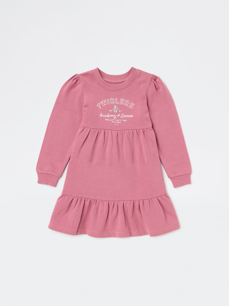 HOP Kids Girls Dusty Rose Text Design Cotton Tiered Dress