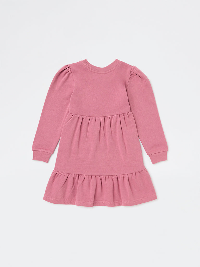 HOP Kids Girls Dusty Rose Text Design Cotton Tiered Dress