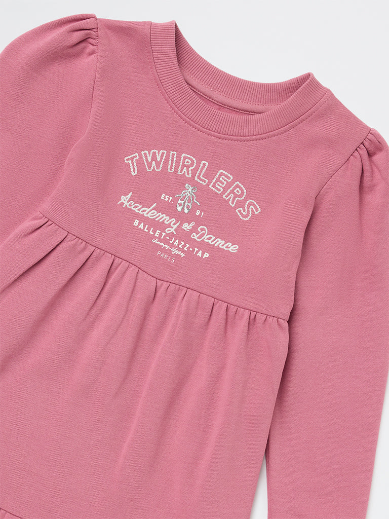 HOP Kids Girls Dusty Rose Text Design Cotton Tiered Dress
