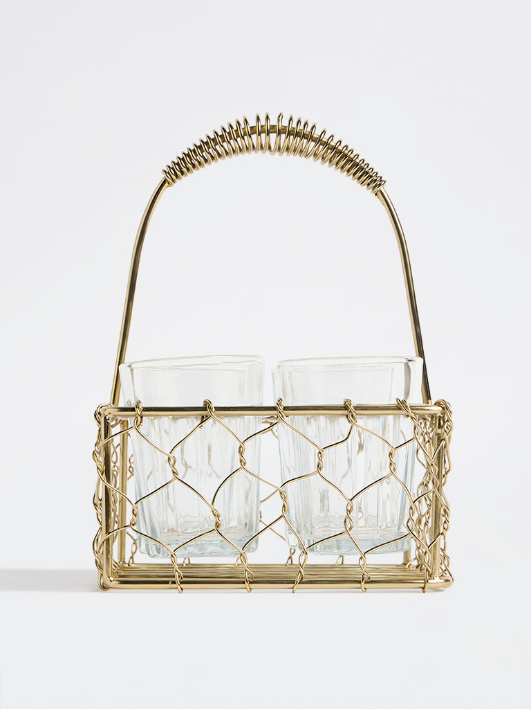 Westside Home Gold Wired Chai Caddy with Glasses - (Set of 4)