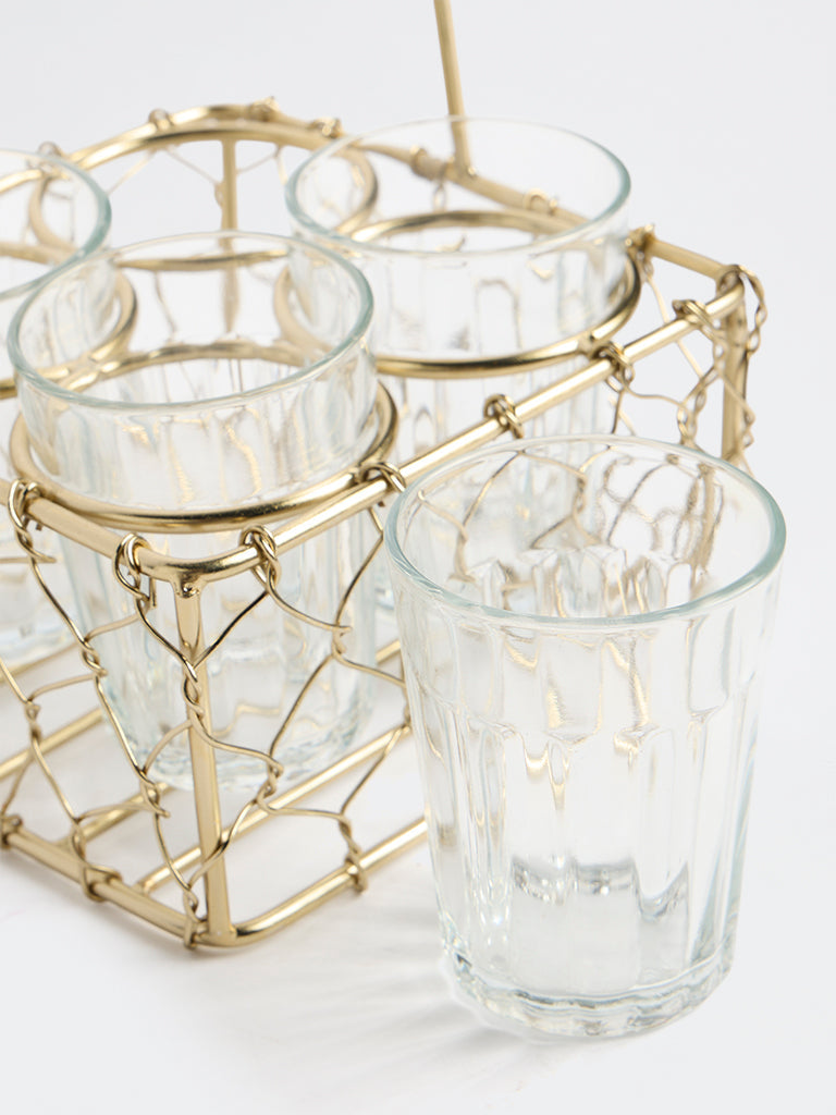 Westside Home Gold Wired Chai Caddy with Glasses - (Set of 4)