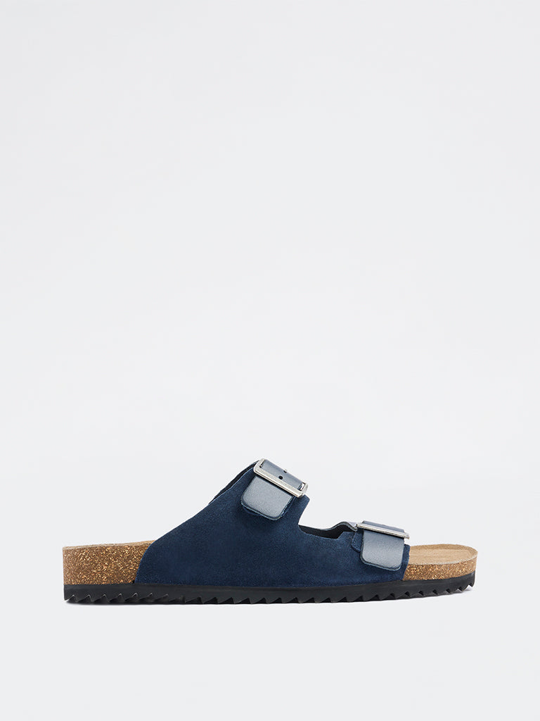 SOLEPLAY Navy Dual-Strap Slip-On Suede Leather Sandals