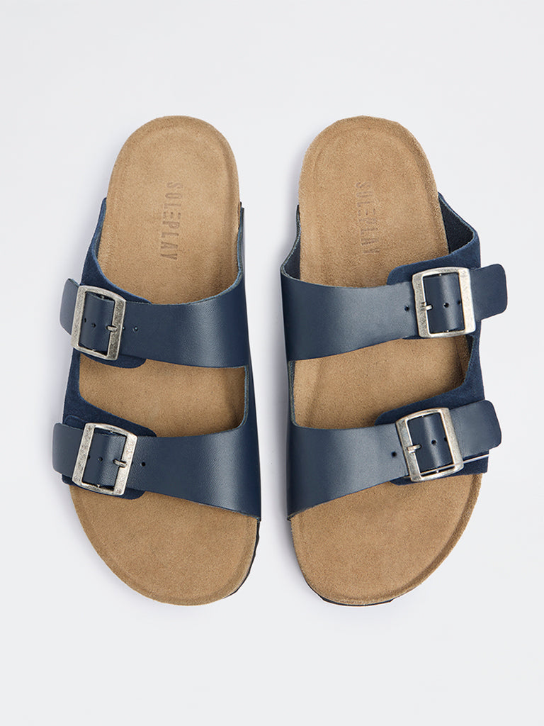 SOLEPLAY Navy Dual-Strap Slip-On Suede Leather Sandals