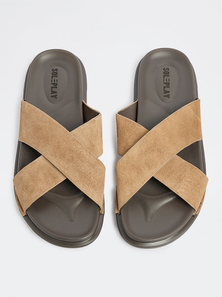 SOLEPLAY Taupe Criss-Cross Strap Suede Sandals