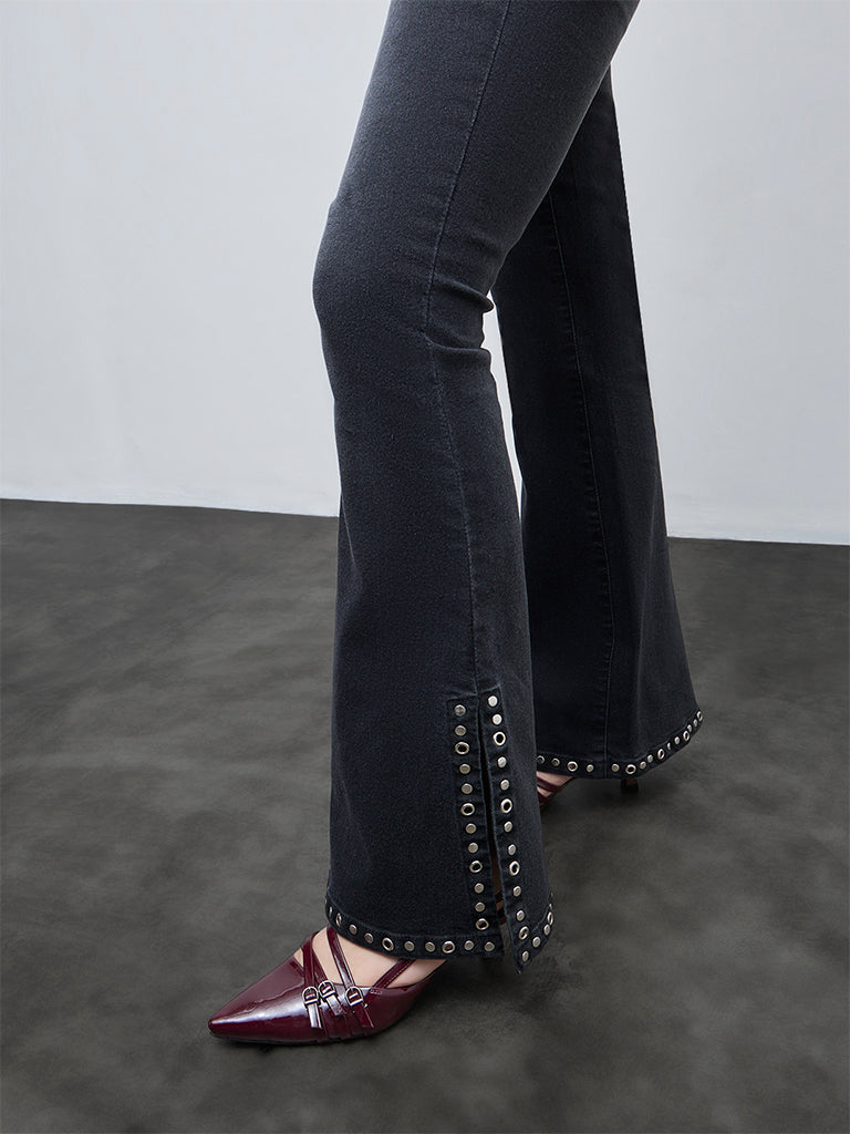 Nuon Black Stud-Detailed High-Rise Bootcut Jeans