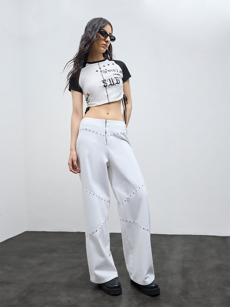 Nuon White Stud-Detailed Flared High-Rise Jeans