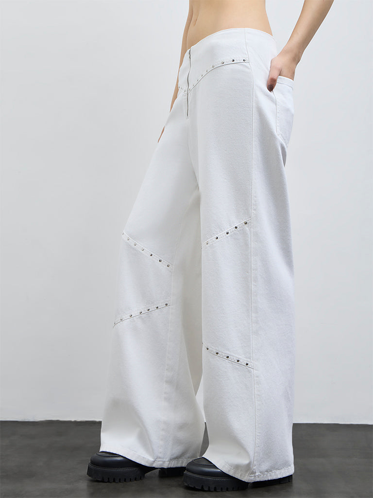 Nuon White Stud-Detailed Flared High-Rise Jeans