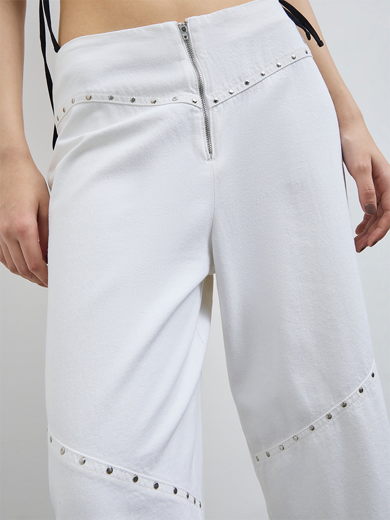 Nuon White Stud-Detailed Flared High-Rise Jeans