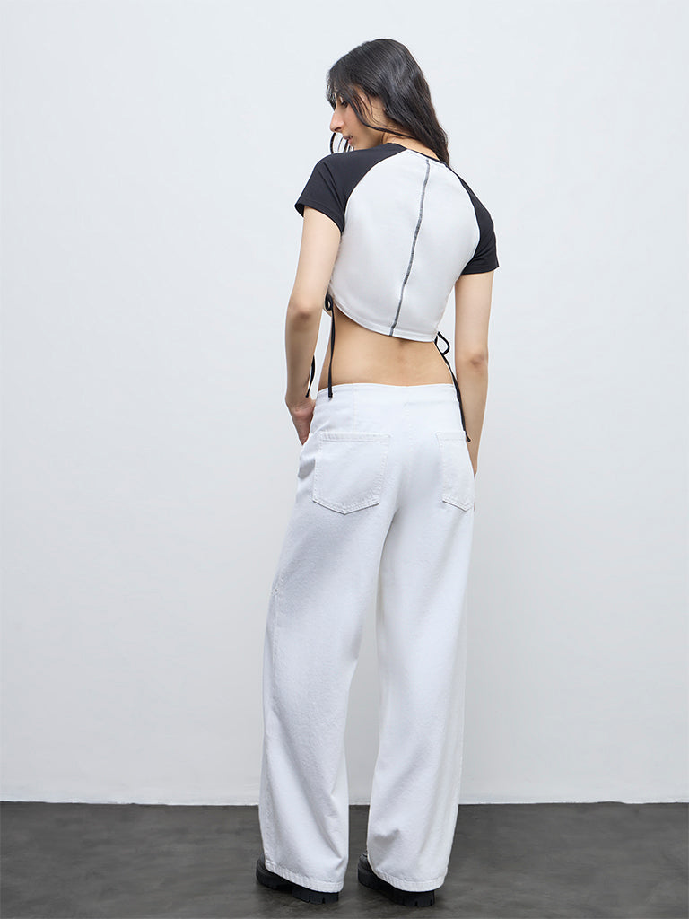 Nuon White Stud-Detailed Flared High-Rise Jeans
