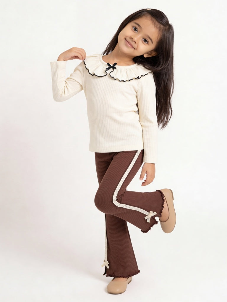 HOP Kids Girls Dark Brown High-Rise Cotton-Blend Bootcut Pants