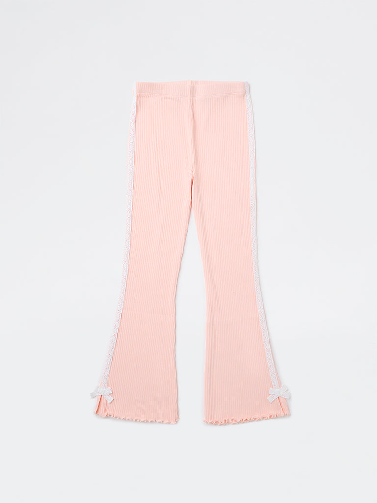 HOP Kids Girls Pink Ribbed High-Rise Cotton-Blend Leggings