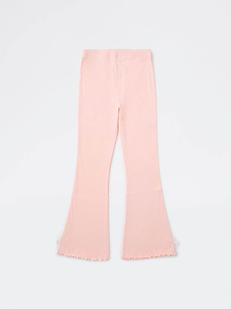 HOP Kids Girls Pink Ribbed High-Rise Cotton-Blend Leggings