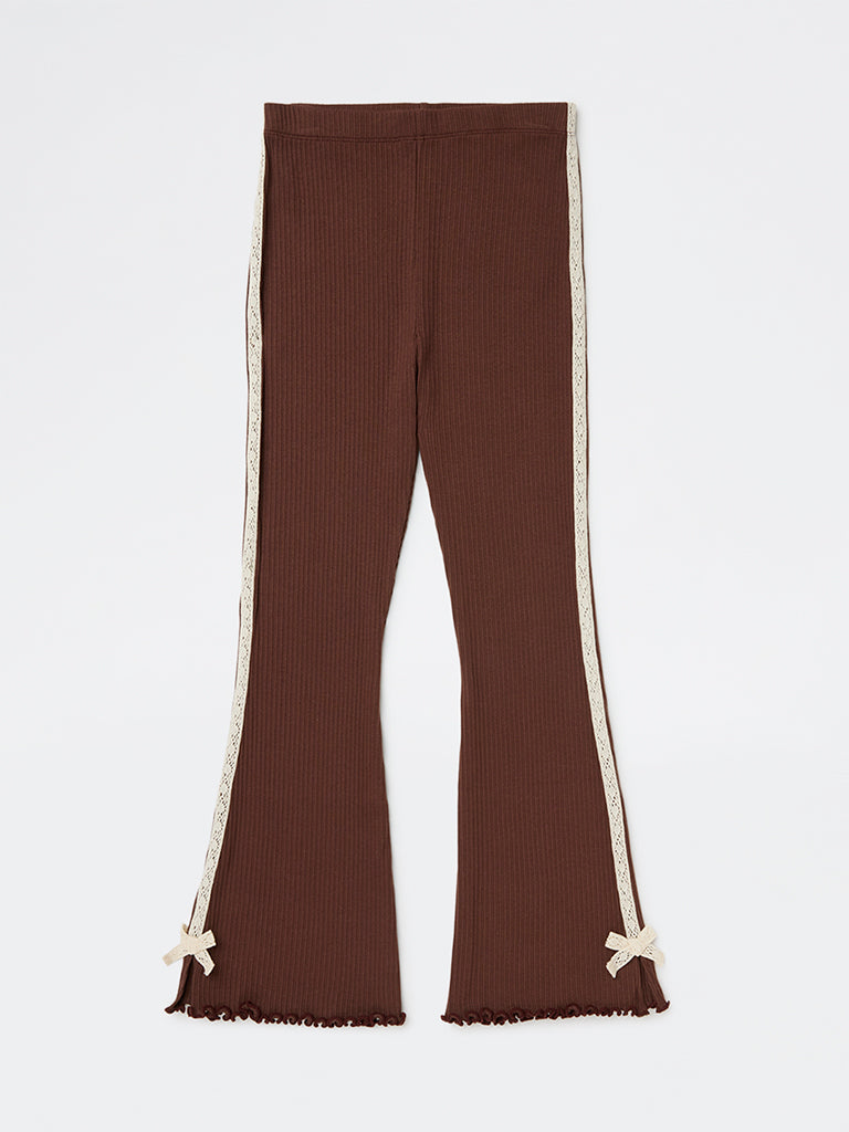 HOP Kids Girls Dark Brown High-Rise Cotton-Blend Bootcut Pants