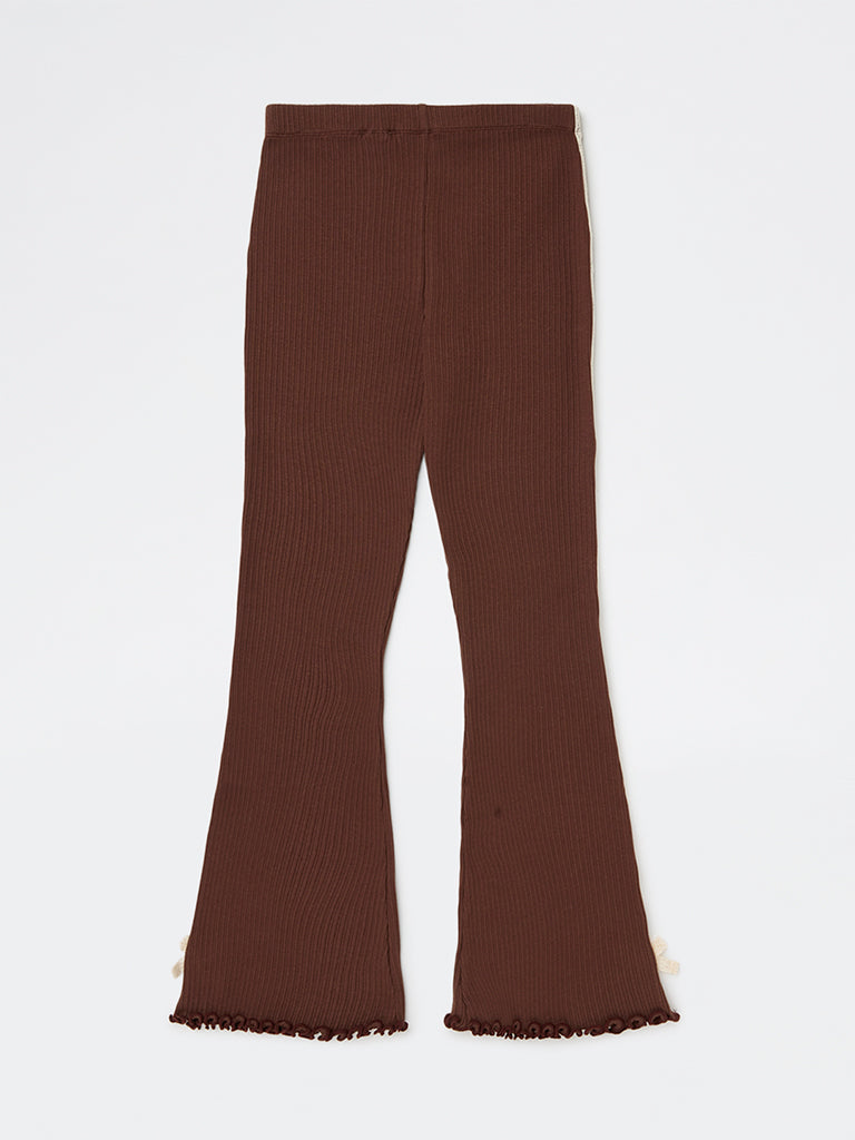 HOP Kids Girls Dark Brown High-Rise Cotton-Blend Bootcut Pants