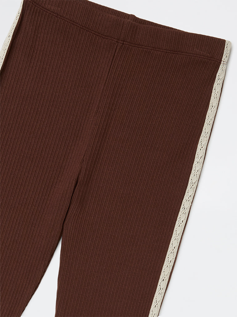 HOP Kids Girls Dark Brown High-Rise Cotton-Blend Bootcut Pants