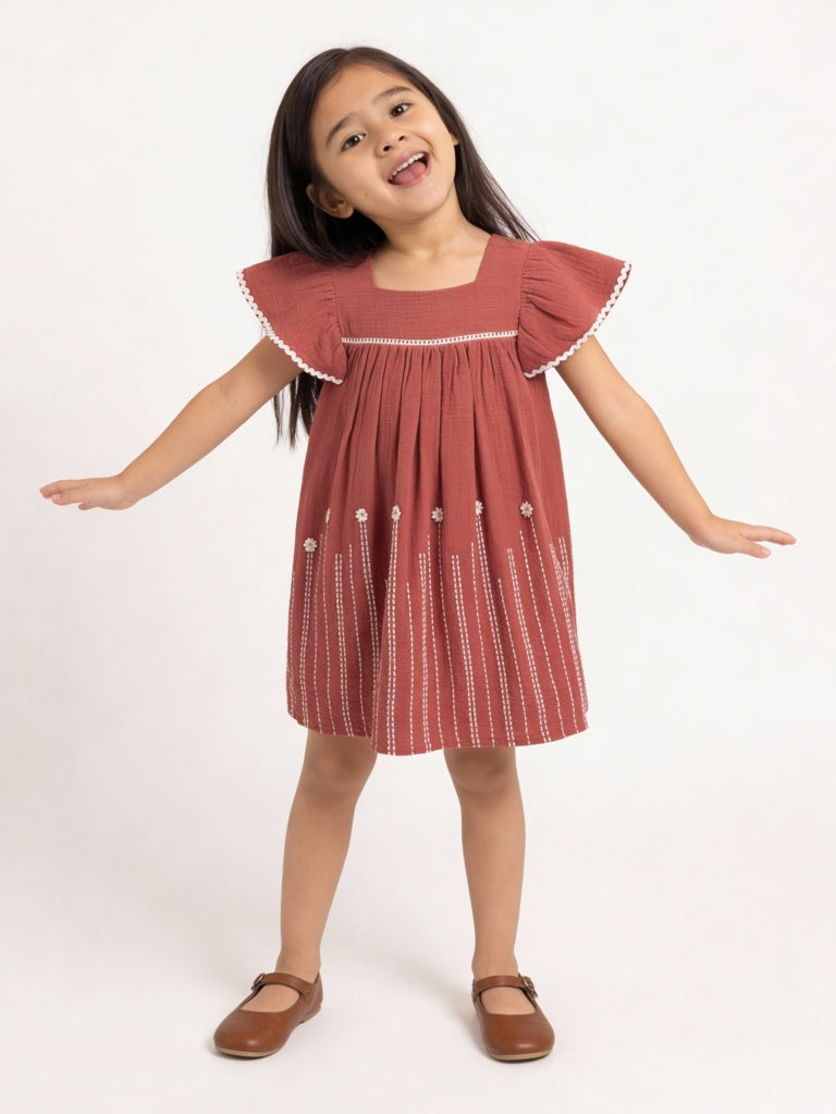 HOP Kids Girls Rust Embroidered Empire-Line Cotton Dress