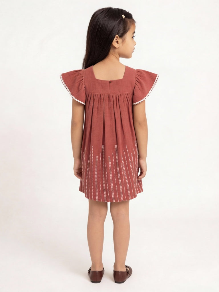 HOP Kids Girls Rust Embroidered Empire-Line Cotton Dress