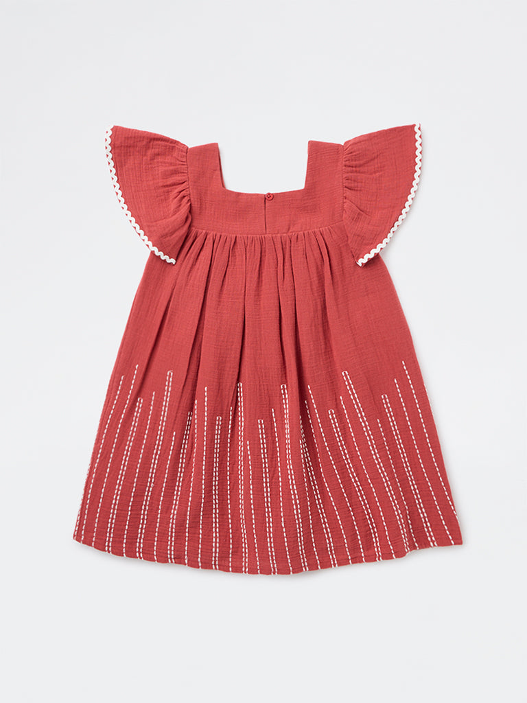 HOP Kids Girls Rust Embroidered Empire-Line Cotton Dress