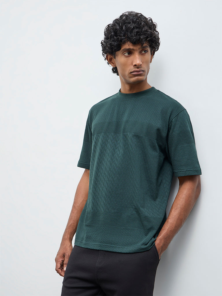 WES Lounge Green Textured Relaxed-Fit Cotton T-Shirt