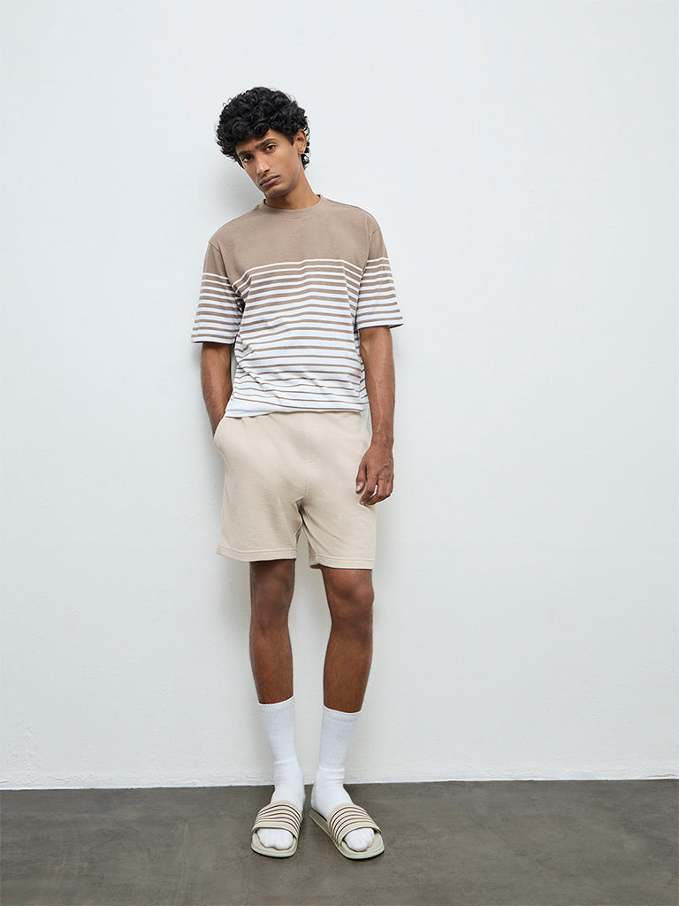 WES Lounge Beige Striped Relaxed-Fit Cotton-Blend T-Shirt