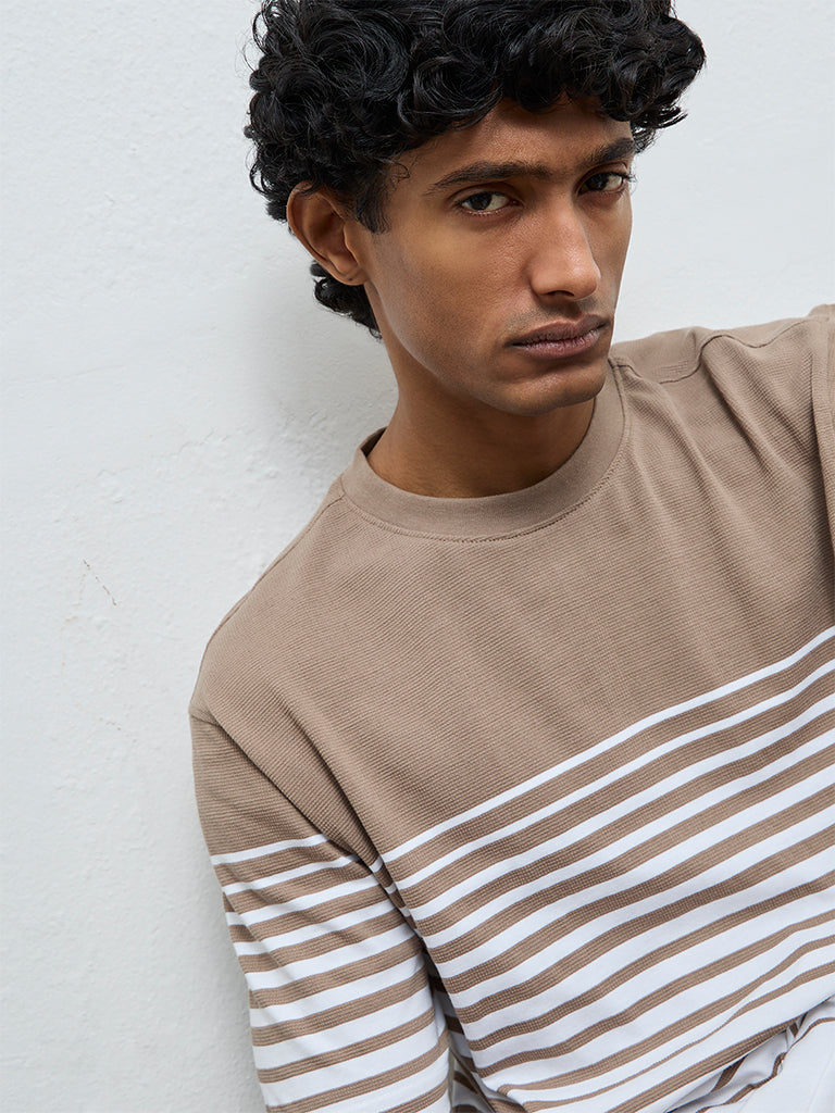 WES Lounge Beige Striped Relaxed-Fit Cotton-Blend T-Shirt