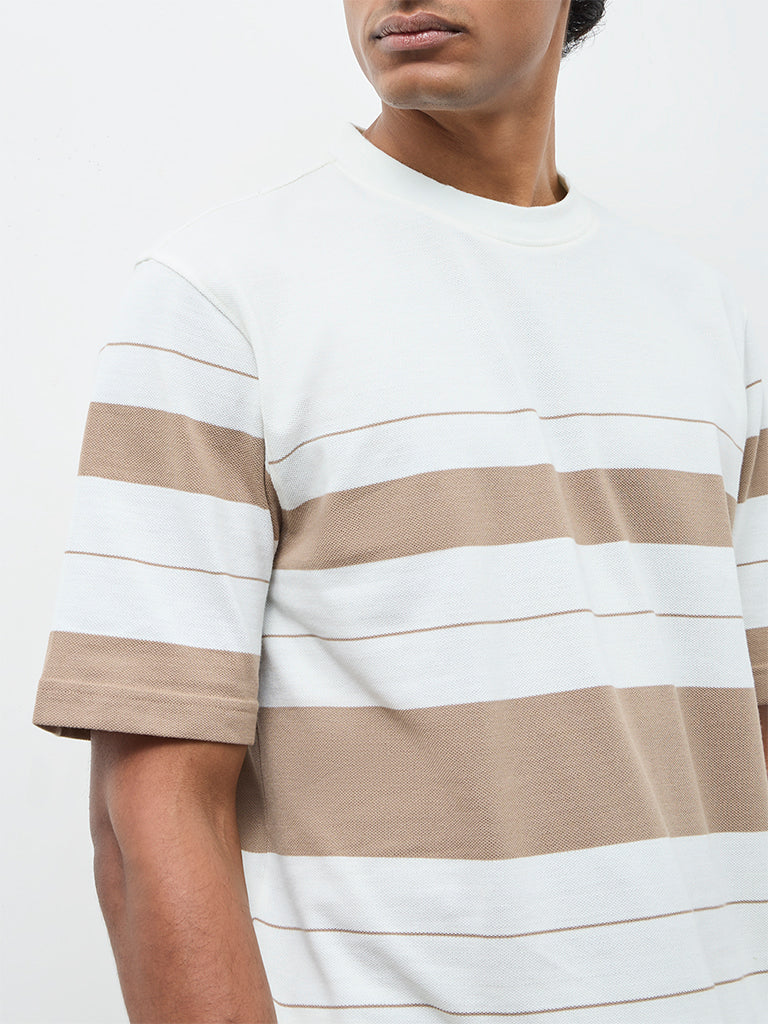 WES Lounge Beige Striped Relaxed-Fit Cotton T-Shirt
