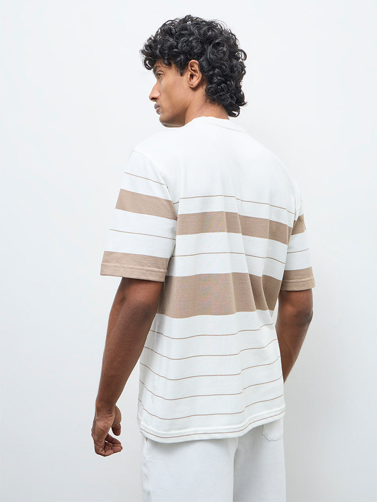 WES Lounge Beige Striped Relaxed-Fit Cotton T-Shirt